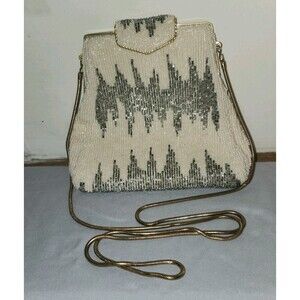 Vtg INGE CHRISTOPHER Ivory&Silver Beaded Evening Shoulder Bag/Clutch